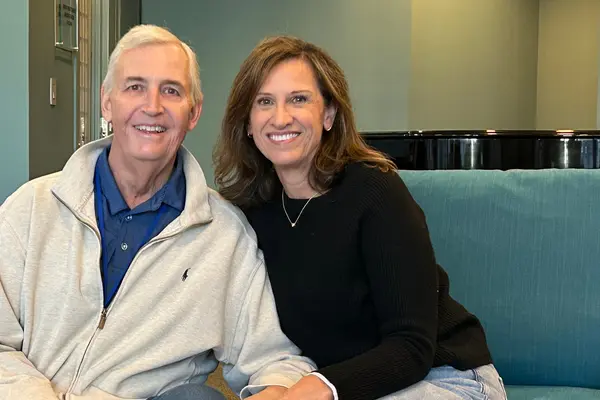 MSK treated Steve Harrold, sitting with his wife, Sara, for throat cancer. 