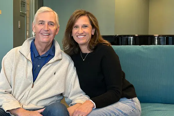 MSK treated Steve Harrold, sitting with his wife, Sara, for throat cancer. 