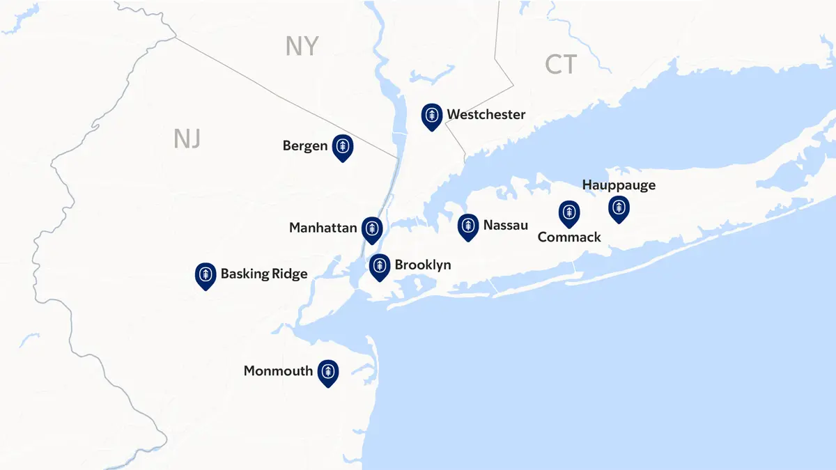 A map of MSK’s rectal cancer treatment locations in the New York City area.    